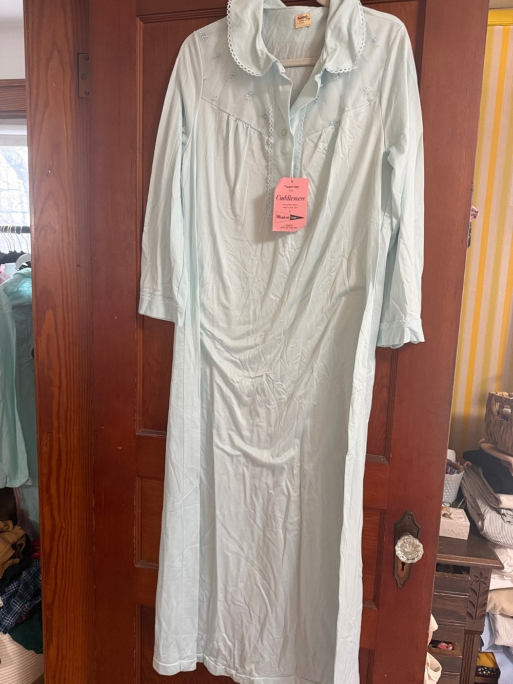 Vintage Light Blue Long Nightgown with Embroidered Collar Size Large